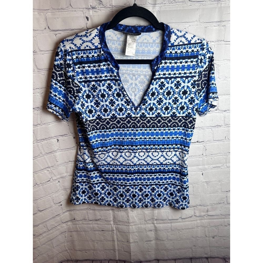 Tommy Bahama Fair Isle Print Knit Top Blouse Blue White Medium M